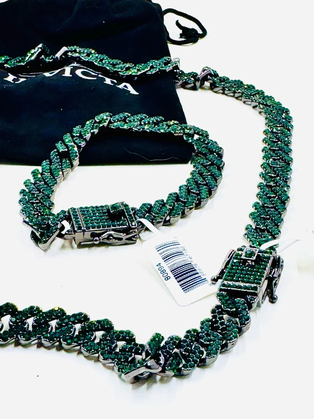Invicta Elements Emerald Green Pave Rhinestone Cuban Link Necklace Bracelet NWT